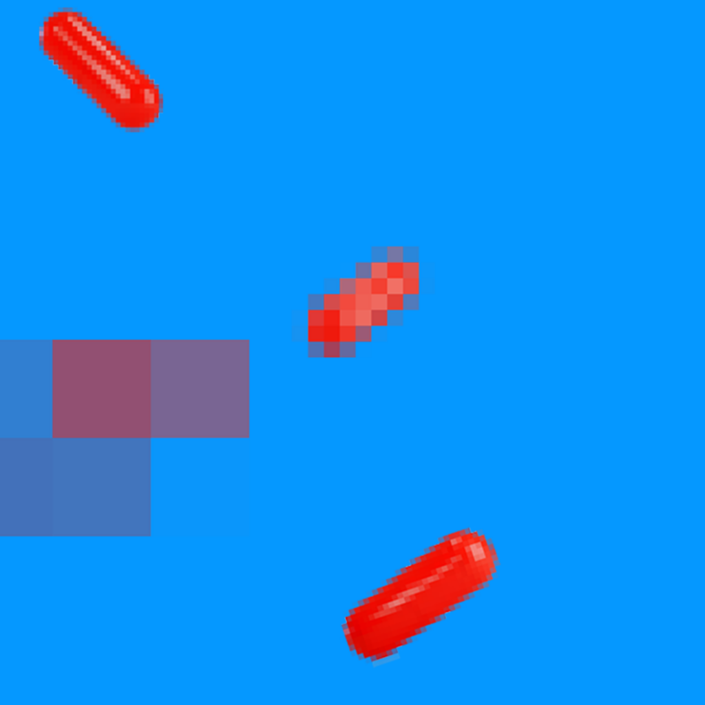 Pixelated red pills floating on a blue background 